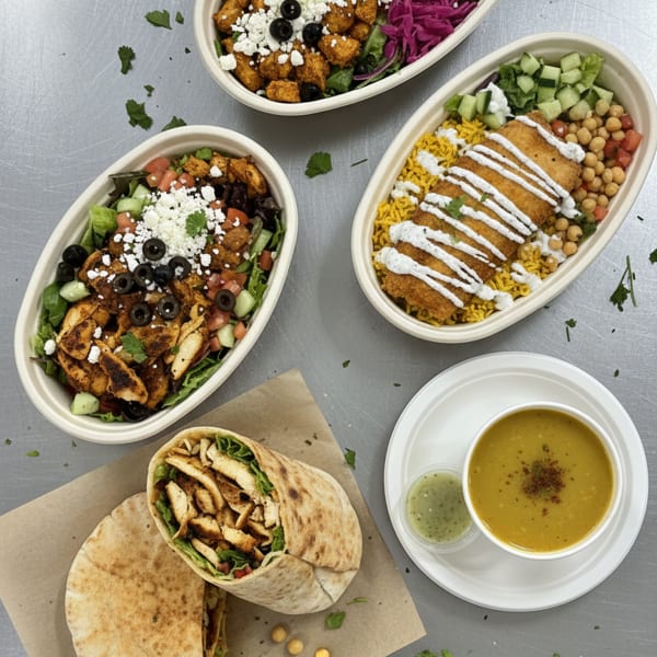 Overhead view of various Mediterranean dishes, including chicken bowls, a wrap, and soup.