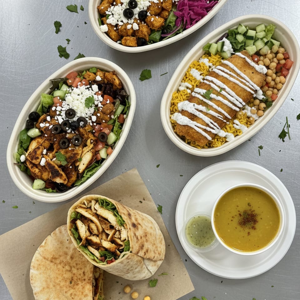 Overhead view of various Mediterranean dishes, including chicken bowls, a wrap, and soup.