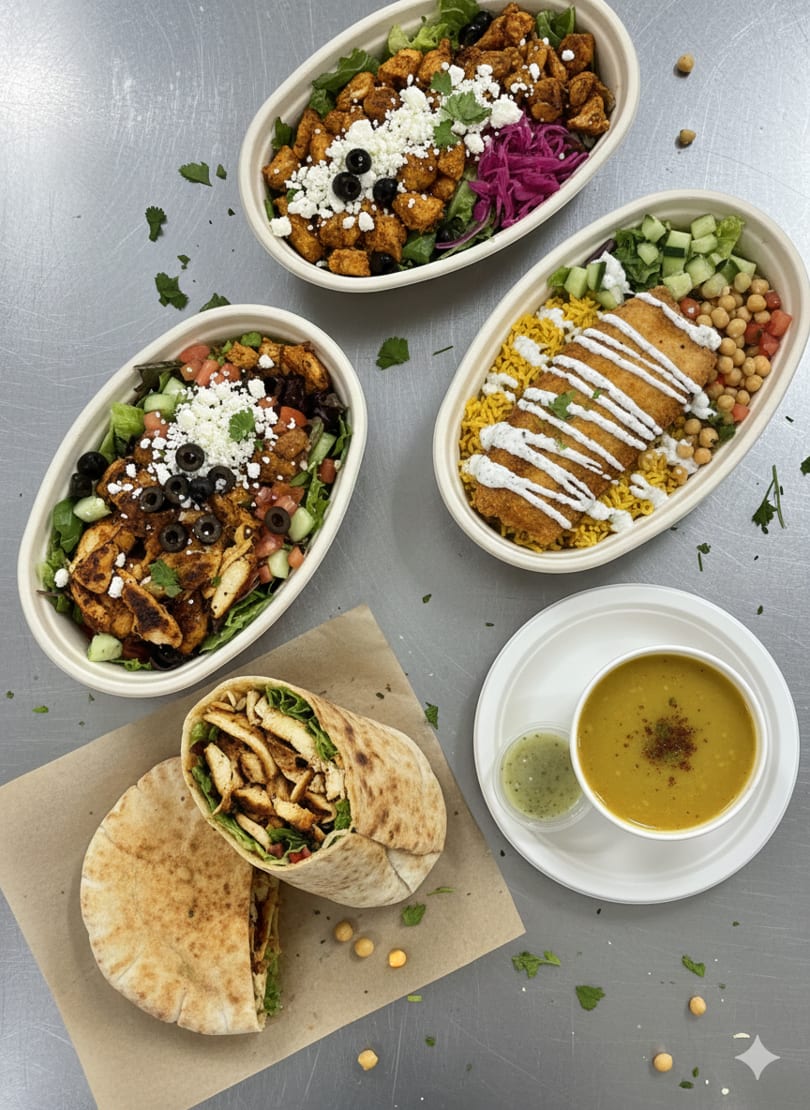Overhead view of various Mediterranean dishes, including chicken bowls, a wrap, and soup.