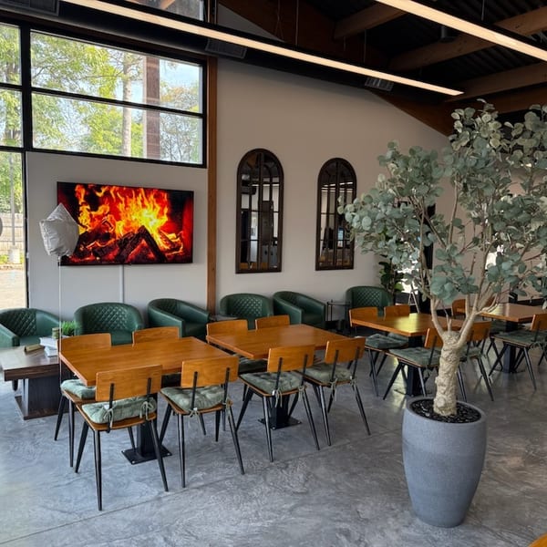 Modern restaurant interior with wooden tables, green chairs, large windows, and a digital fireplace.