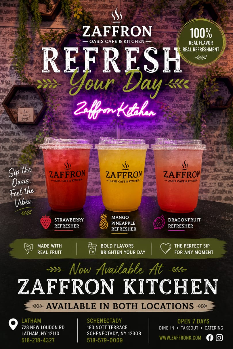 Three Zaffron refreshers: strawberry, mango pineapple, and dragonfruit, on a dark counter with a neon sign.
