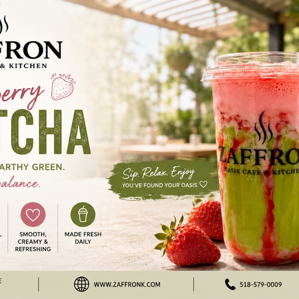 Zaffron's Strawberry Matcha drink, a vibrant pink and green layered beverage, surrounded by fresh strawberries and matcha powder.
