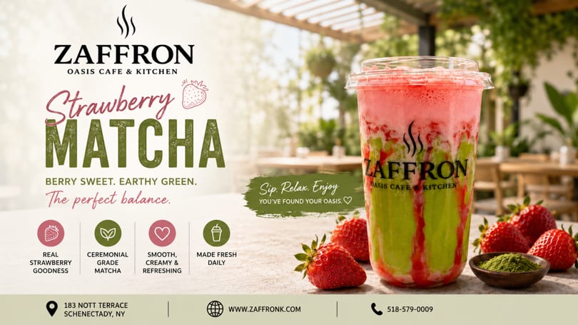 Zaffron's Strawberry Matcha drink, a vibrant pink and green layered beverage, surrounded by fresh strawberries and matcha powder.