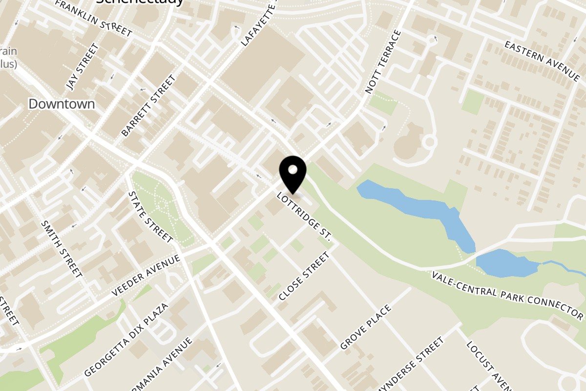 Map showing the location of Zaffron Kitchen Schenectady on 183 Nott Terrace in Schenectady